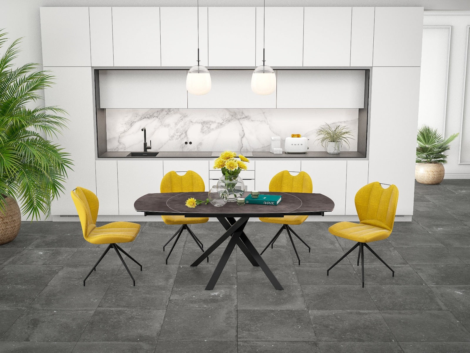 AKANTE KHEOPS Extending 4-6 Seater Dining Set With New York Chairs [Steel/Mustard]